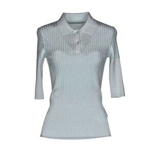 Maison Margiela Women's Skye Blue Half Sleeve Ribbed-Knit Polo Shirt Sz L